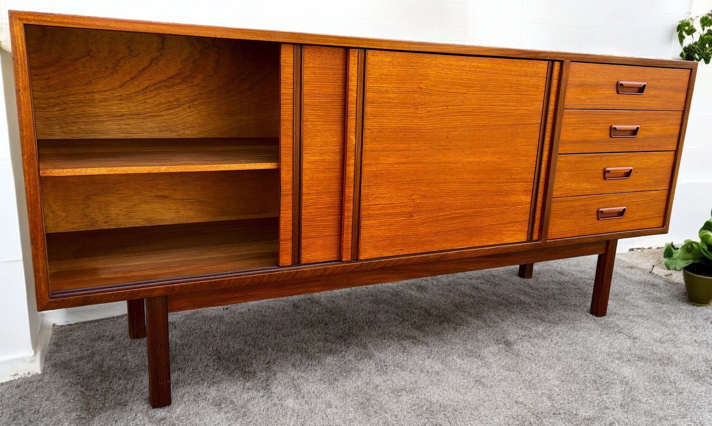 REFINISHED Mid Century Modern Teak Sideboard w Bar by RS Associates, 72"