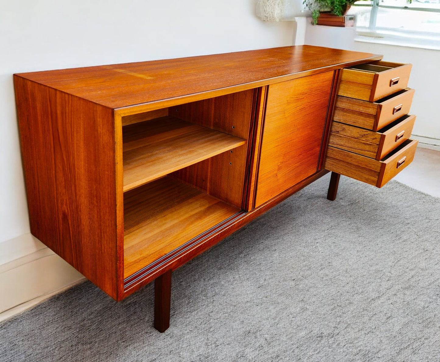 REFINISHED Mid Century Modern Teak Sideboard w Bar by RS Associates, 72"