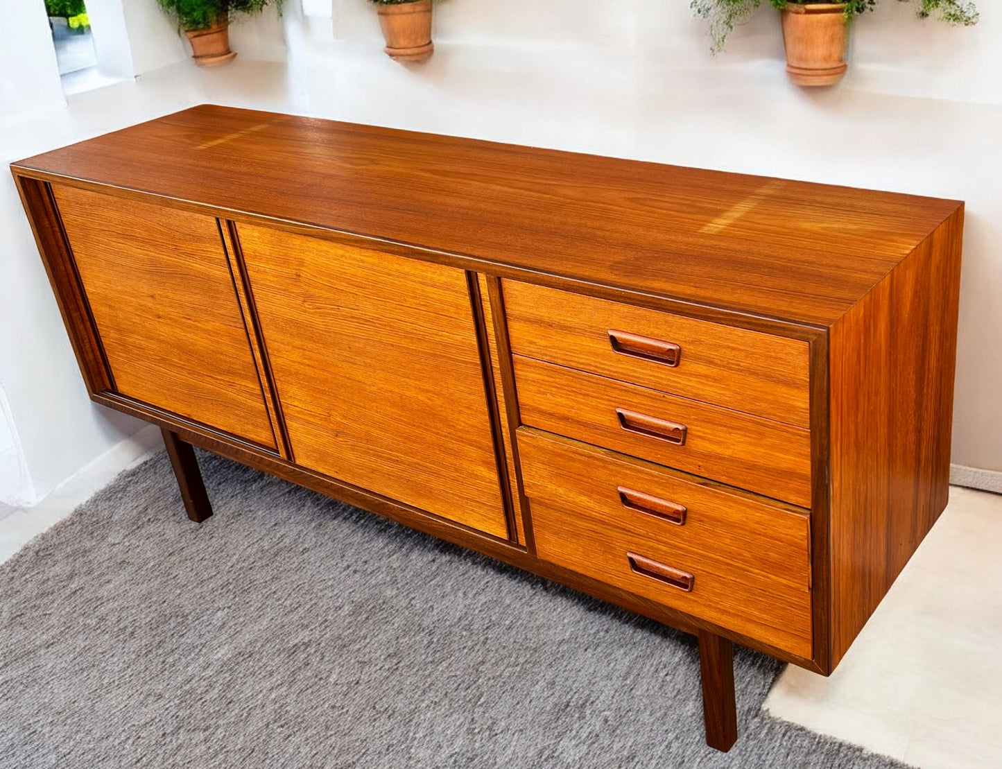 REFINISHED Mid Century Modern Teak Sideboard w Bar by RS Associates, 72"