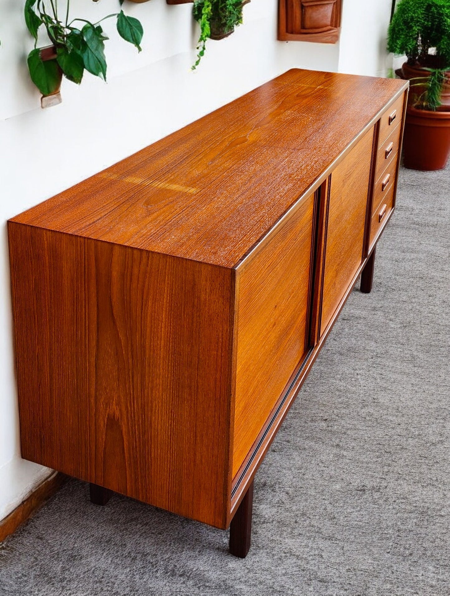 REFINISHED Mid Century Modern Teak Sideboard w Bar by RS Associates, 72"
