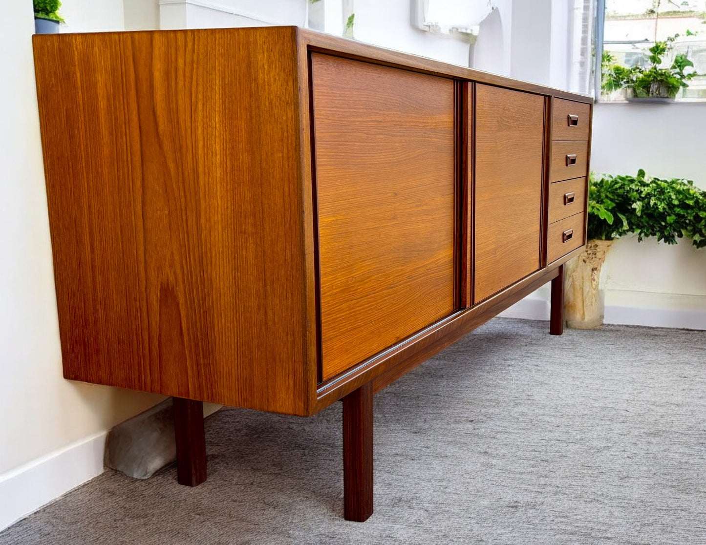 REFINISHED Mid Century Modern Teak Sideboard w Bar by RS Associates, 72"