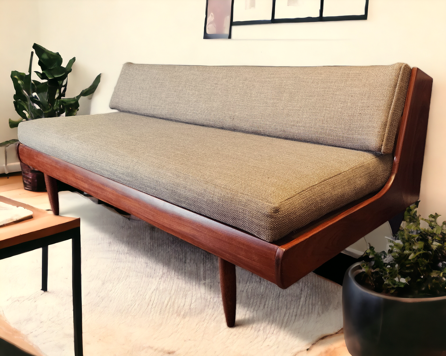 REFINISHED REUPHOLSTERED Mid Century Modern Teak Sofa - Bed