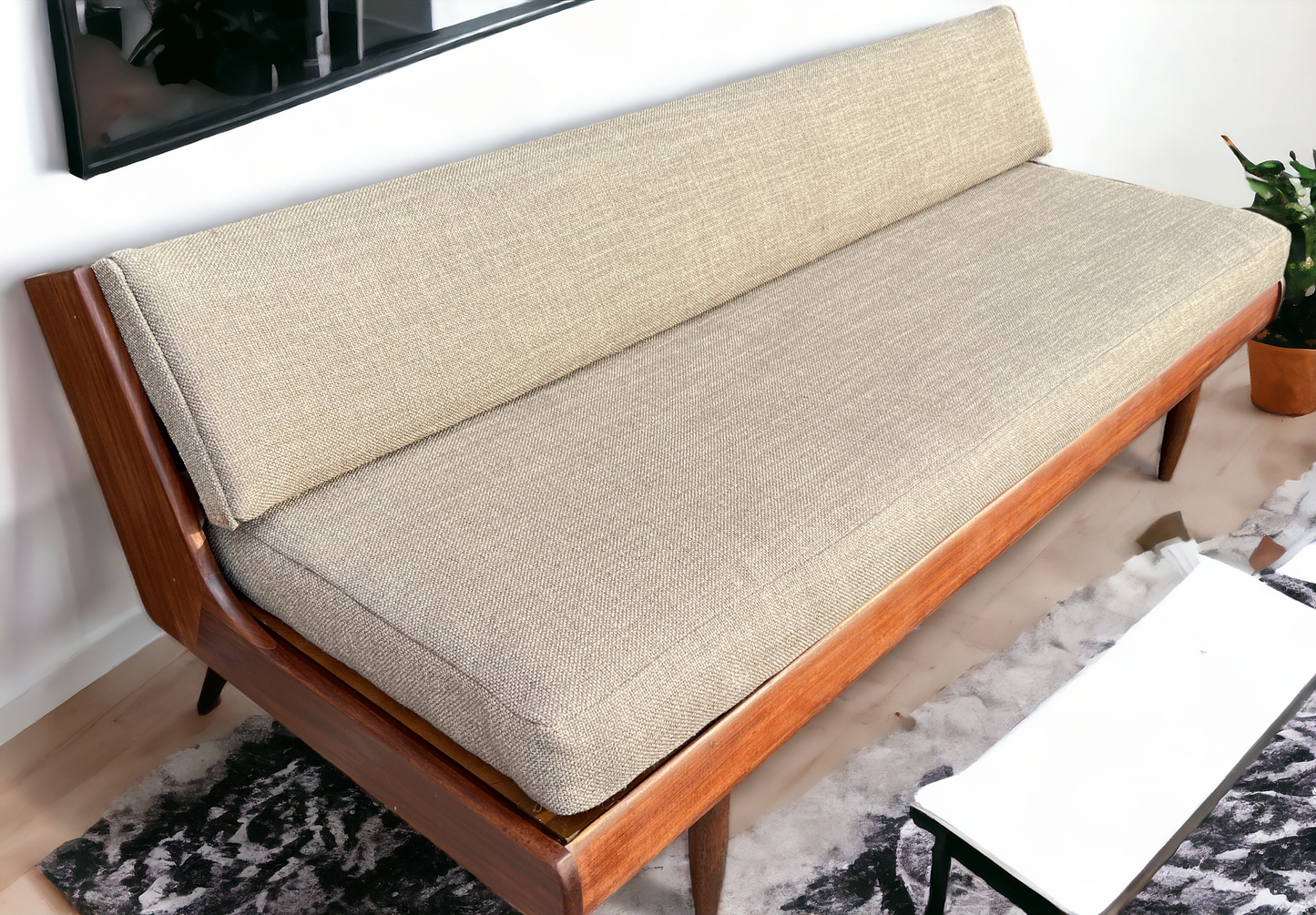 REFINISHED REUPHOLSTERED Mid Century Modern Teak Sofa - Bed