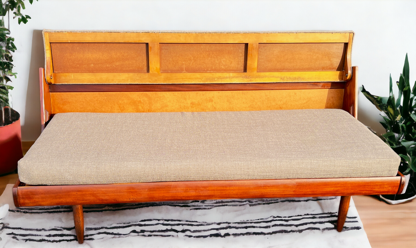 REFINISHED REUPHOLSTERED Mid Century Modern Teak Sofa - Bed