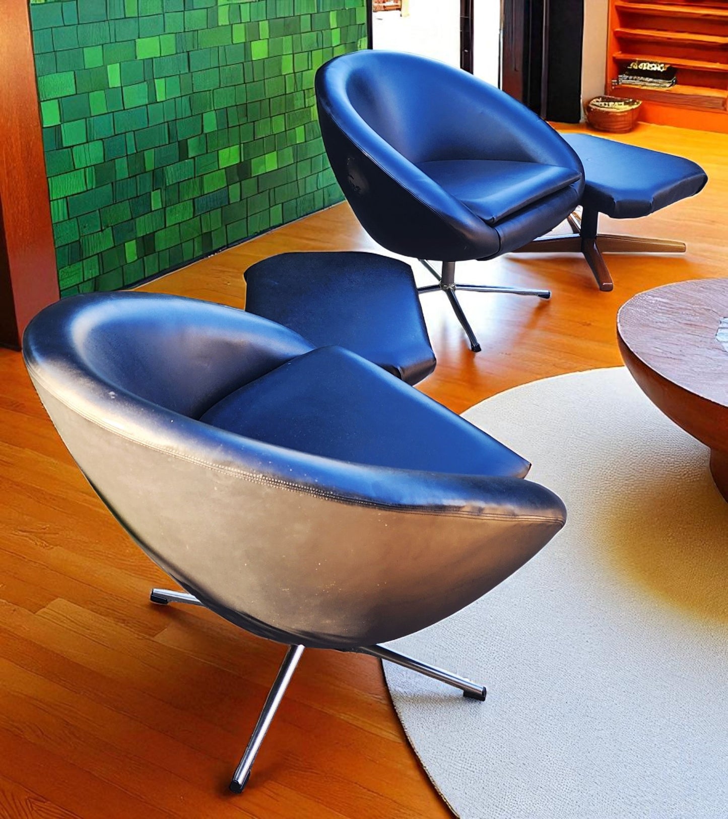 2 Mid Century Modern Pod Chairs by Overman with free Foot Stools