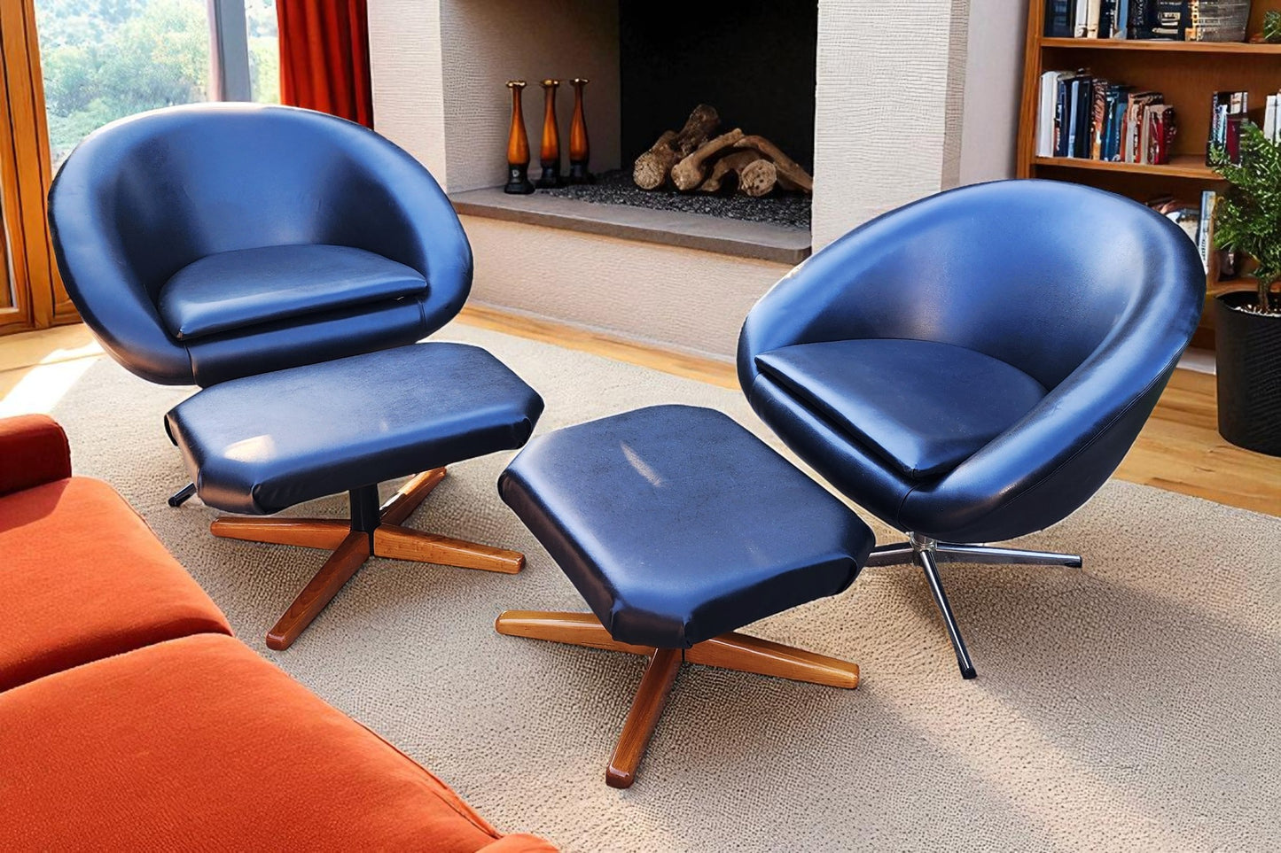 2 Mid Century Modern Pod Chairs by Overman with free Foot Stools