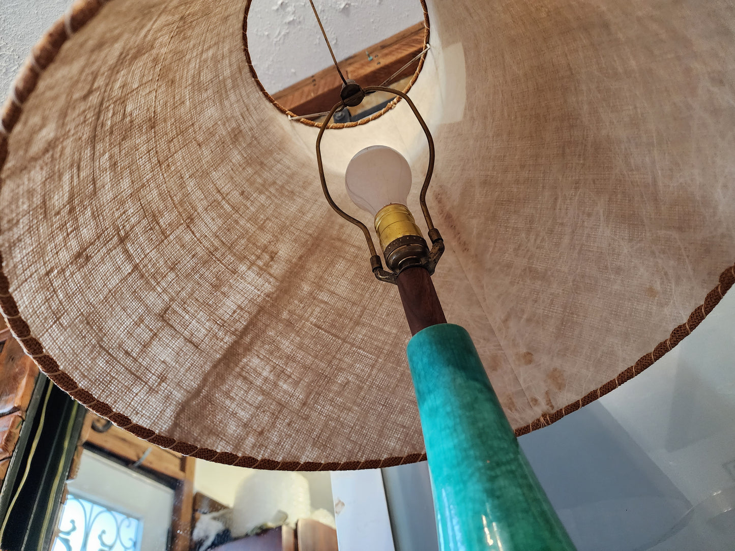 Mid Century Modern Green Teal Pottery & Teak Table Lamp 42.5"