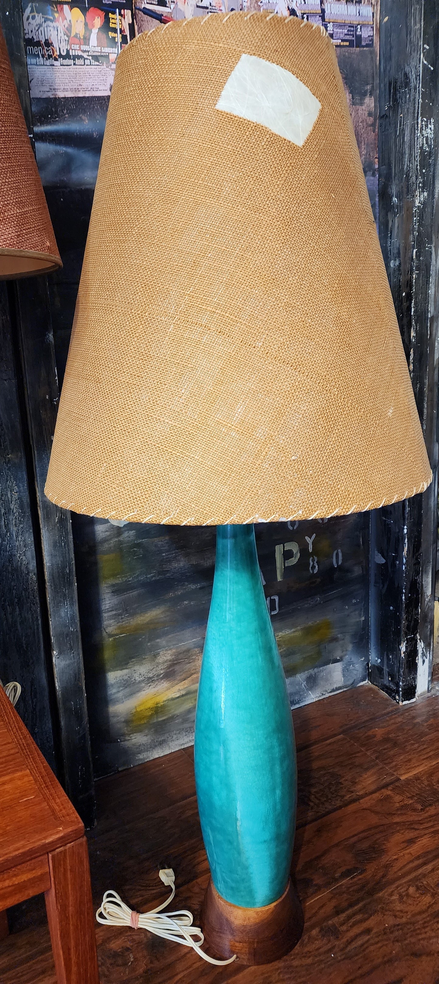 Mid Century Modern Green Teal Pottery & Teak Table Lamp 42.5"