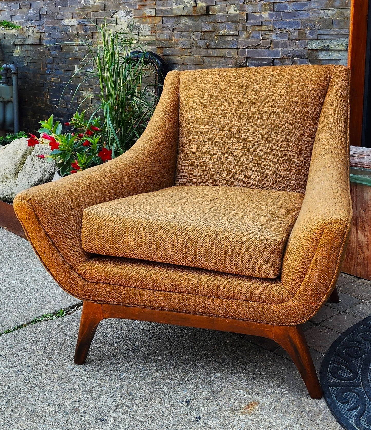 2 REFINISHED REUPHOLSTERED Mid Century Modern Armchairs & Ottoman