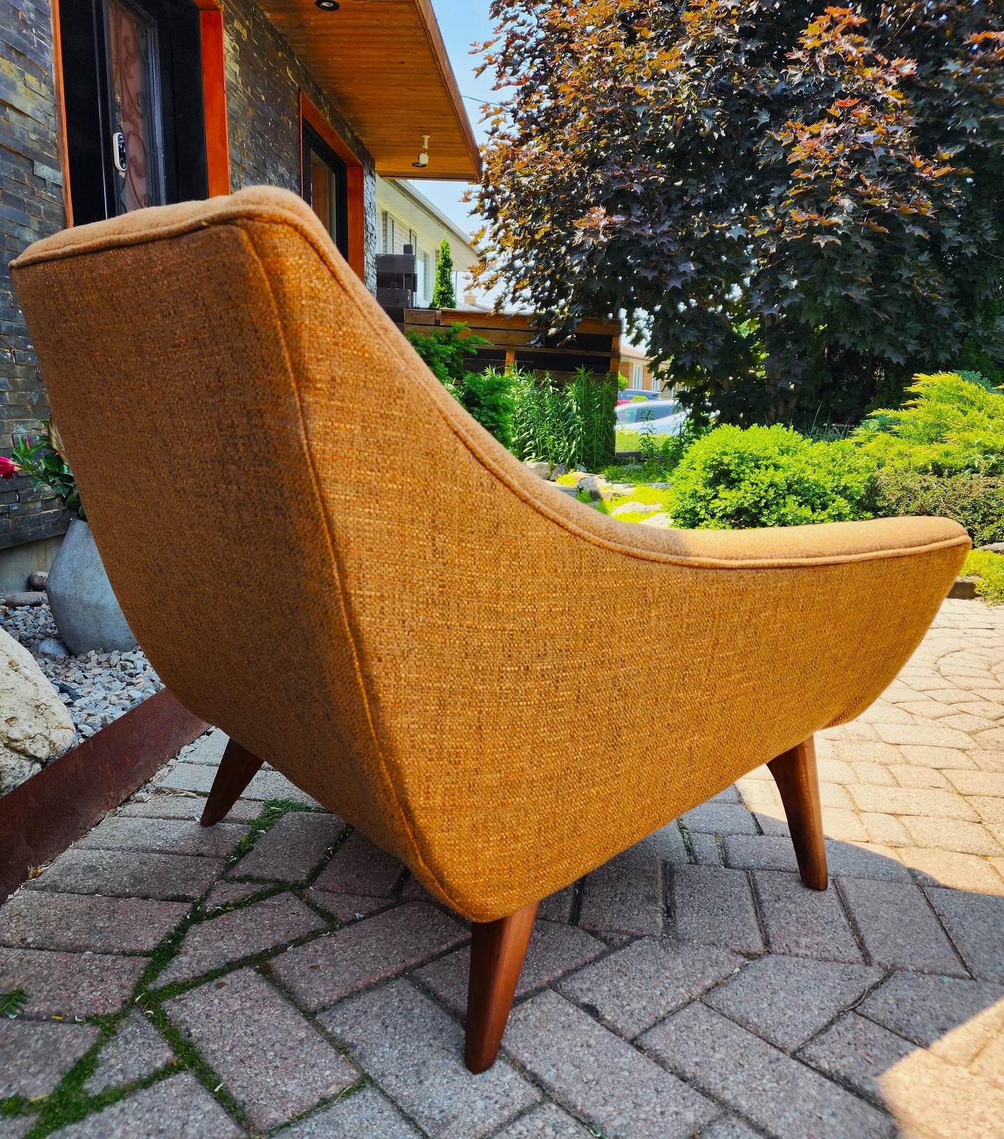 2 REFINISHED REUPHOLSTERED Mid Century Modern Armchairs & Ottoman