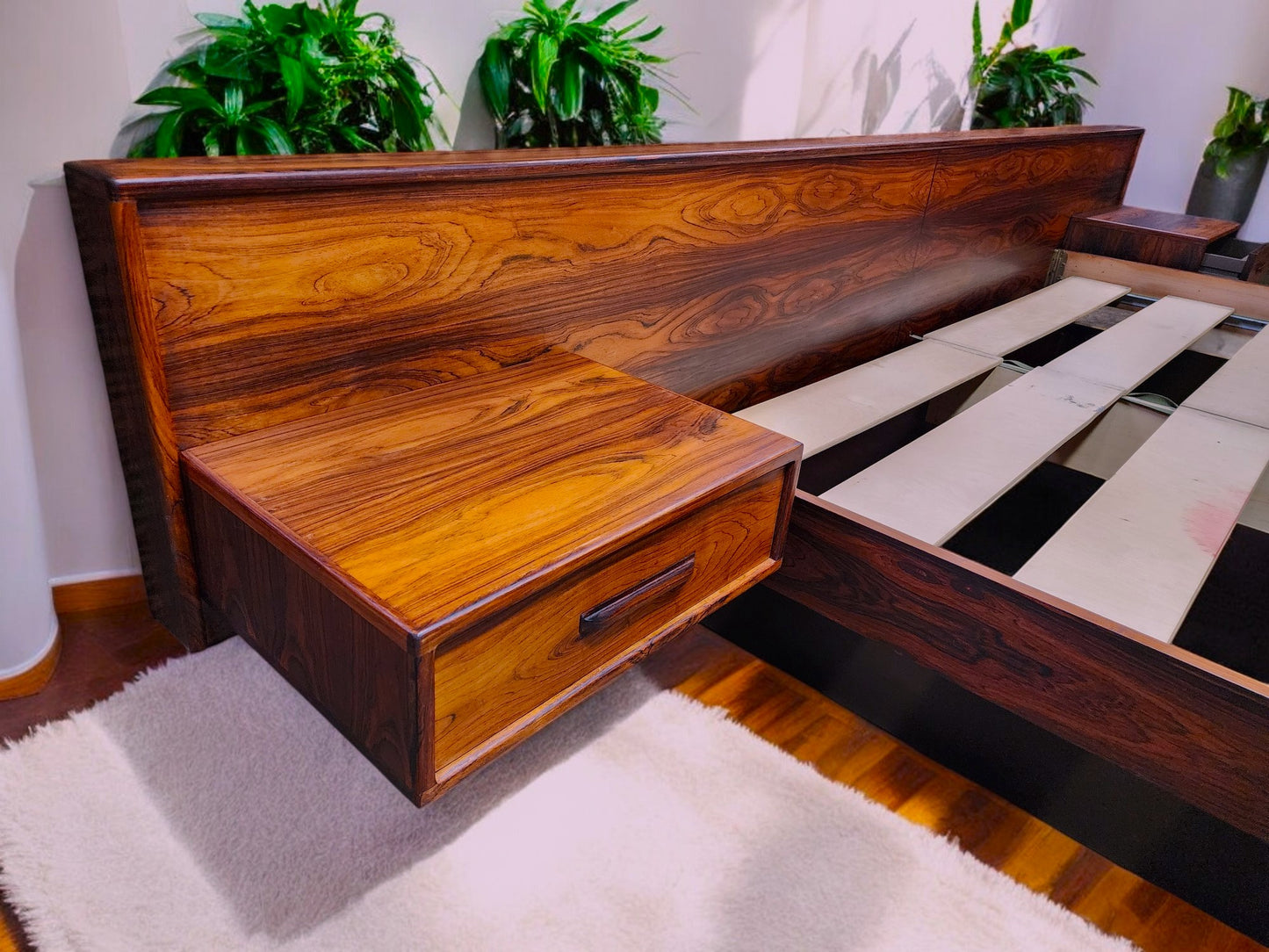 REFINISHED Mid Century Modern Rosewood Bed KING w Floating Nightstands