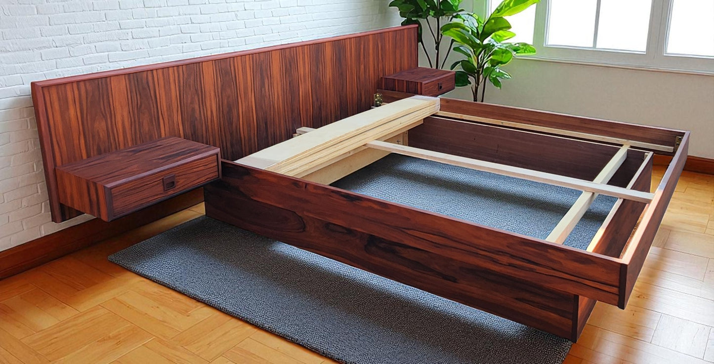 REFINISHED Mid Century Modern Rosewood Queen Bed w Floating Nightstands