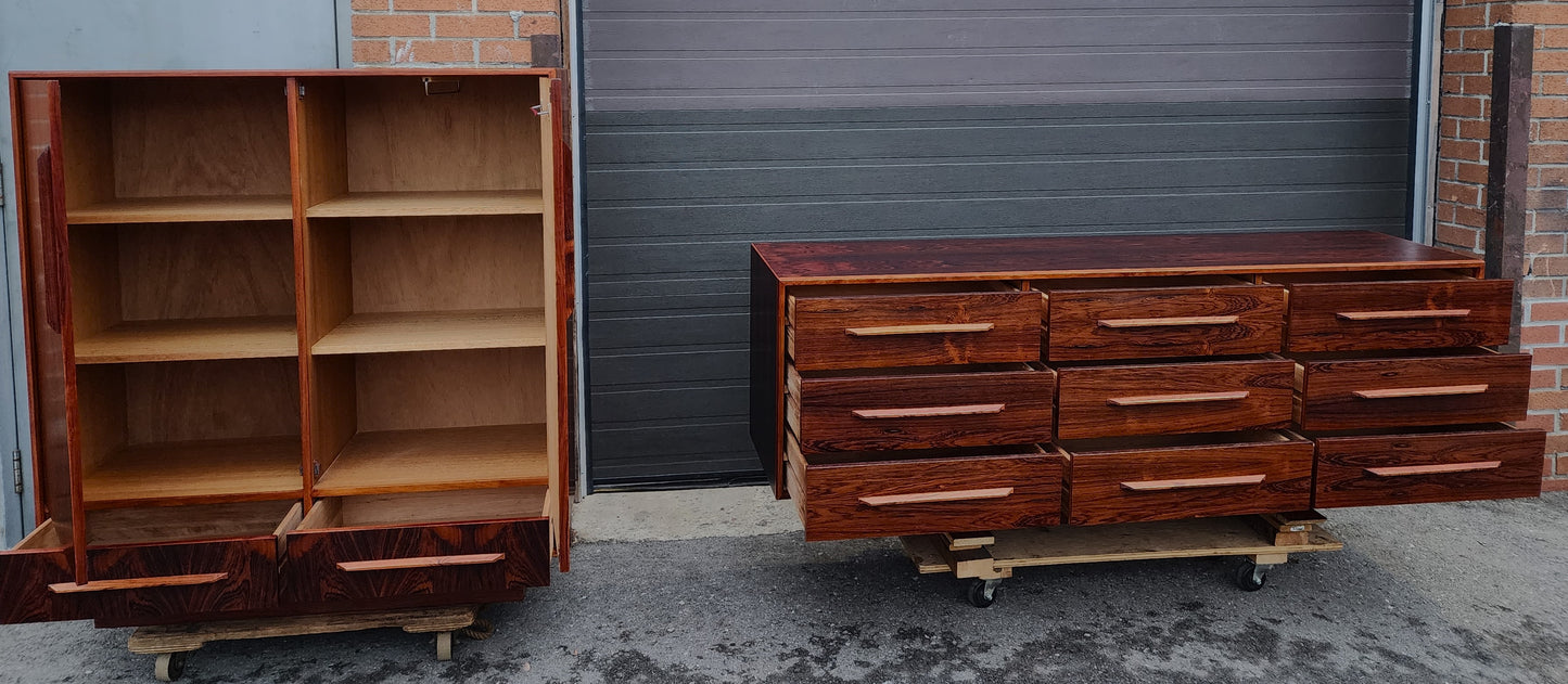 RESTORED Mid Century Modern Rosewood Queen bed w nightstands, dresser & tallboy
