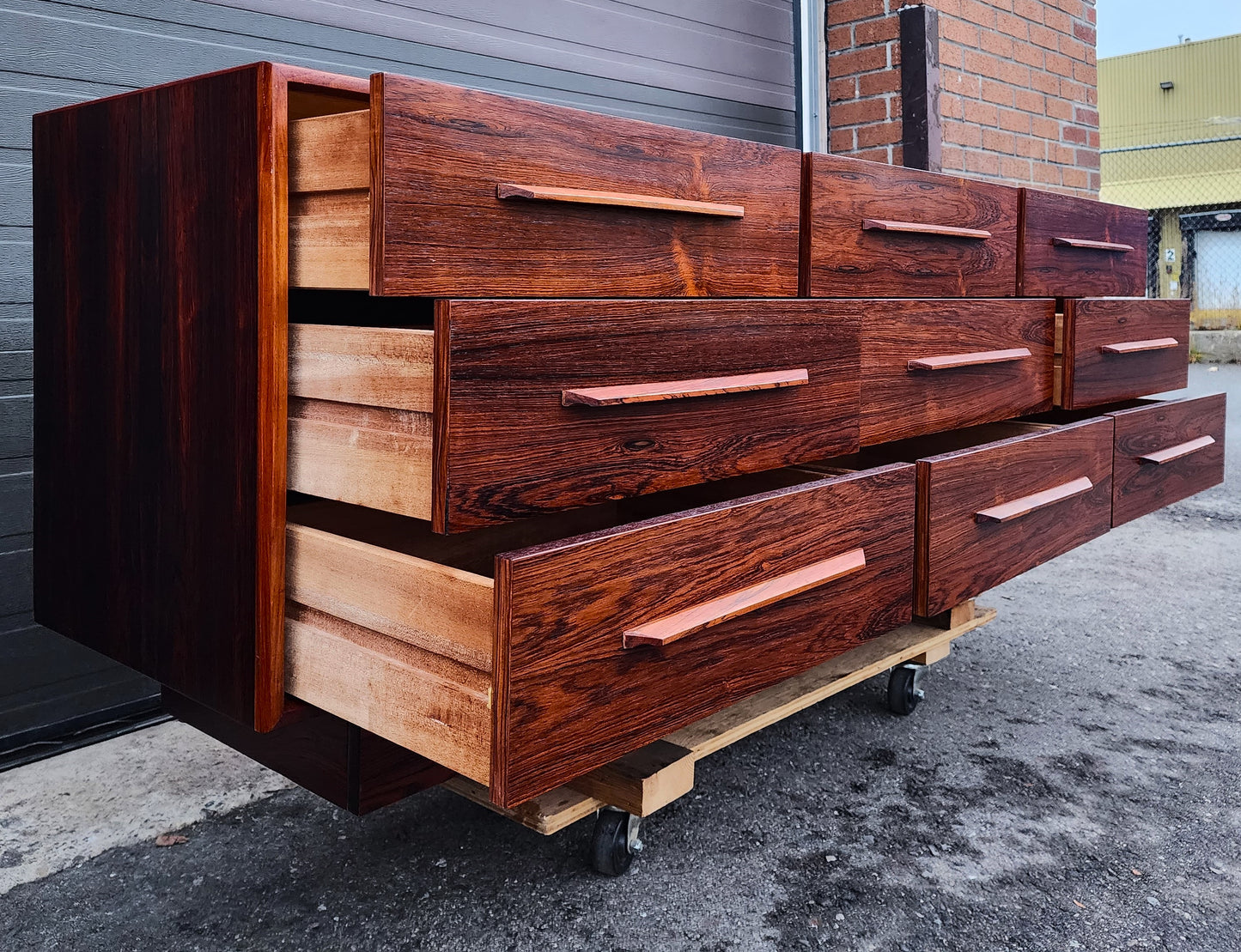 RESTORED Mid Century Modern Rosewood Queen bed w nightstands, dresser & tallboy