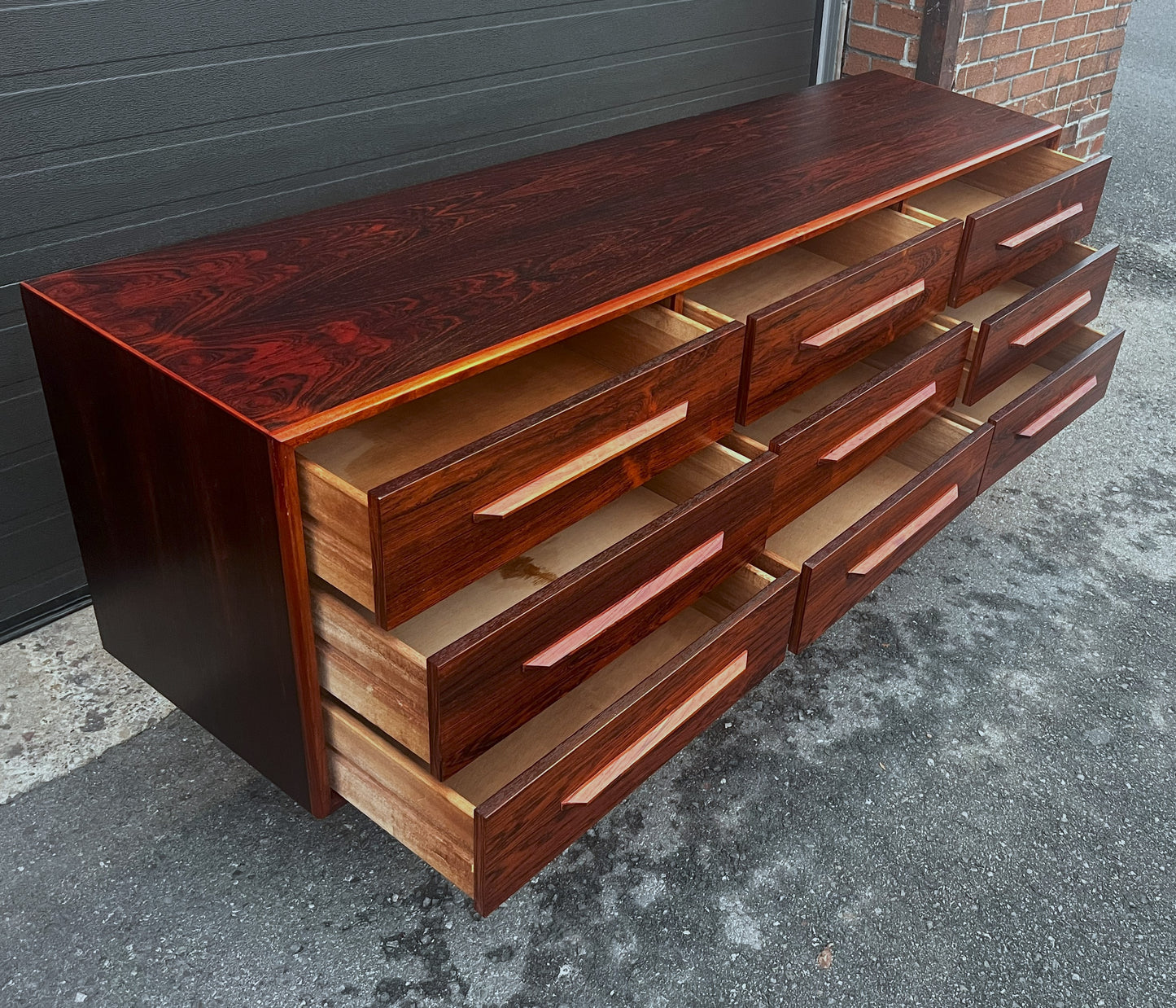 RESTORED Mid Century Modern Rosewood Queen bed w nightstands, dresser & tallboy