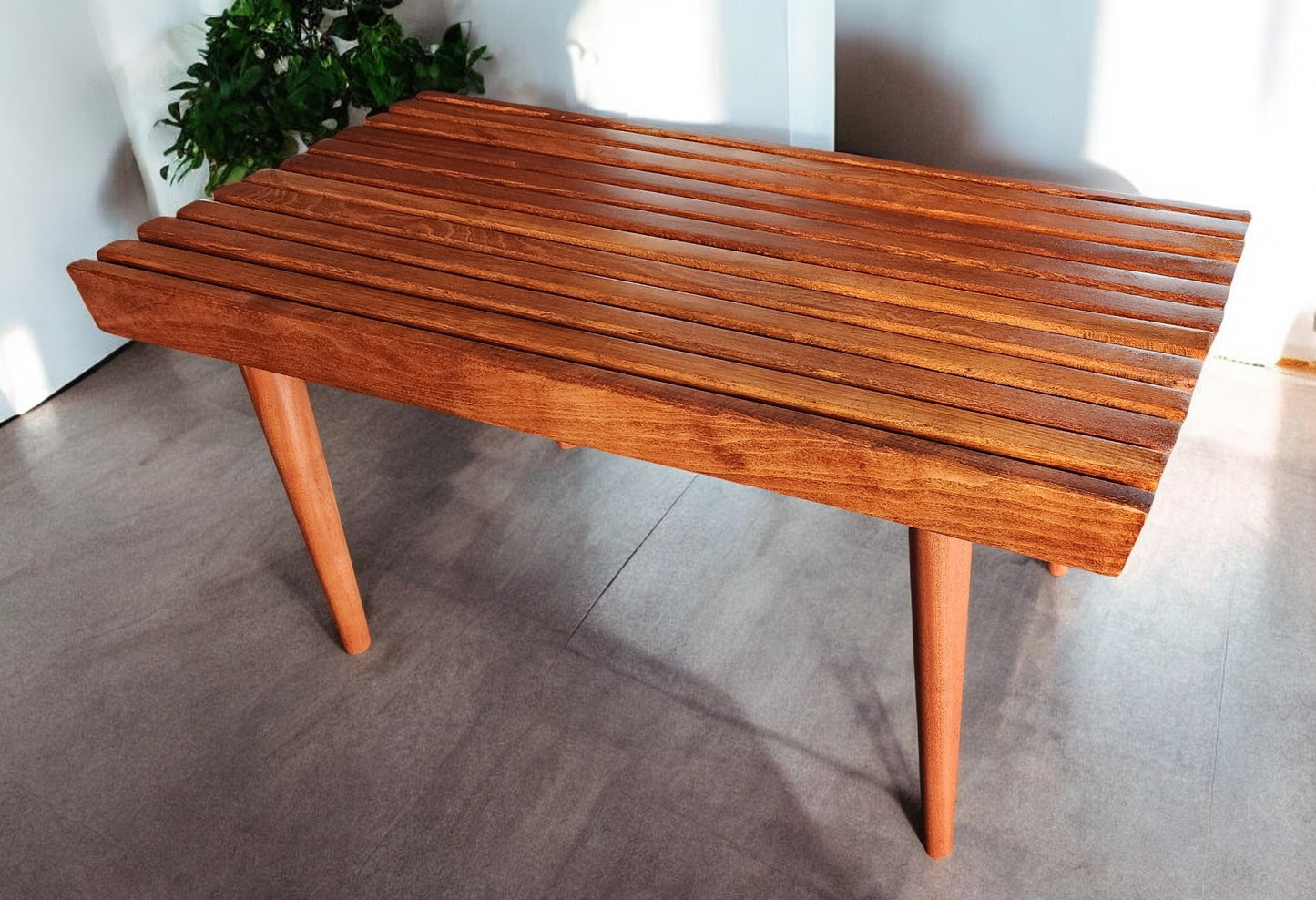 REFINISHED Mid Century Modern Teak Slatted Bench or Coffee Table 3 ft