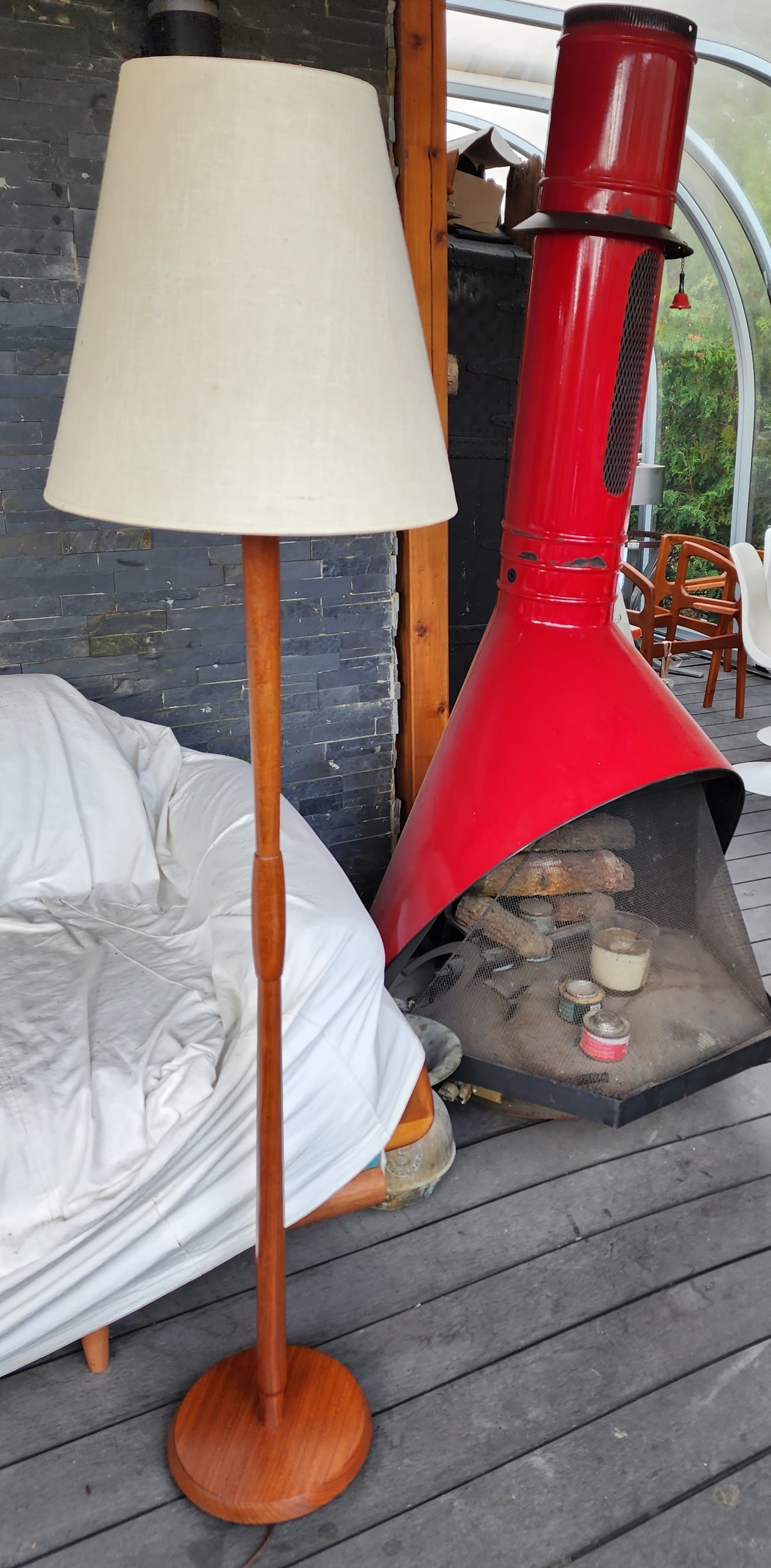 Mid Century Modern Solid Teak Floor Lamp, H 63.5" (including shade)