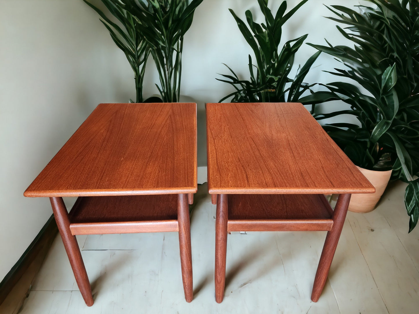 2 REFINISHED Mid Century Modern Teak Accent Tables with Shelves