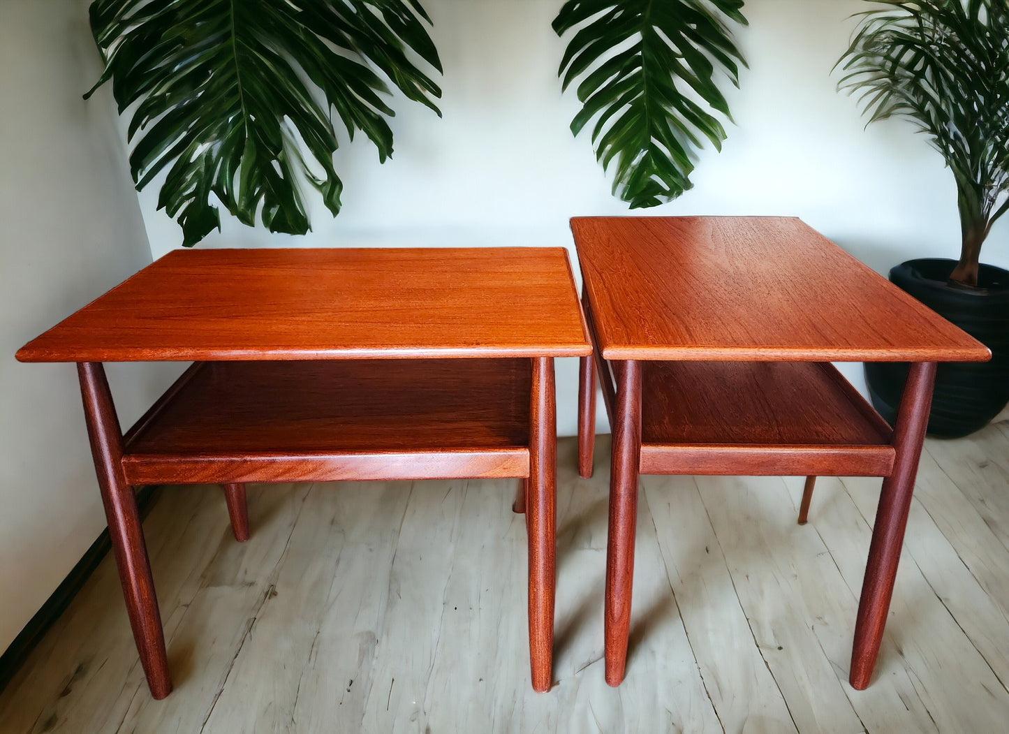 2 REFINISHED Mid Century Modern Teak Accent Tables with Shelves
