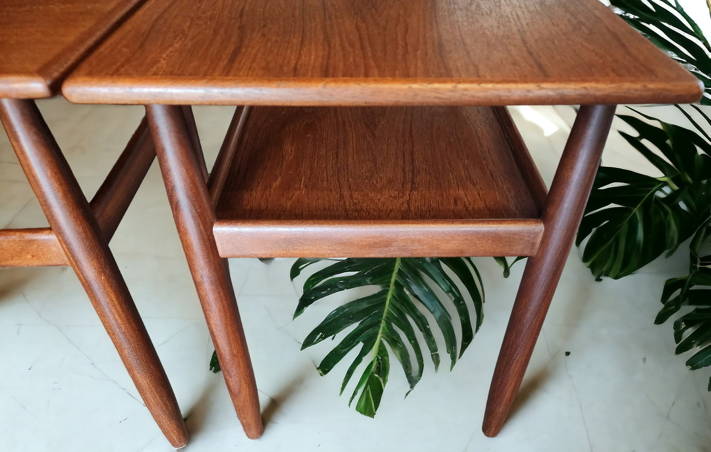 2 REFINISHED Mid Century Modern Teak Accent Tables with Shelves