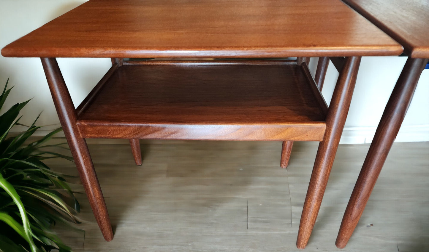 2 REFINISHED Mid Century Modern Teak Accent Tables with Shelves