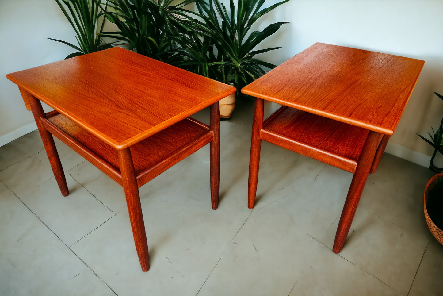 2 REFINISHED Mid Century Modern Teak Accent Tables with Shelves