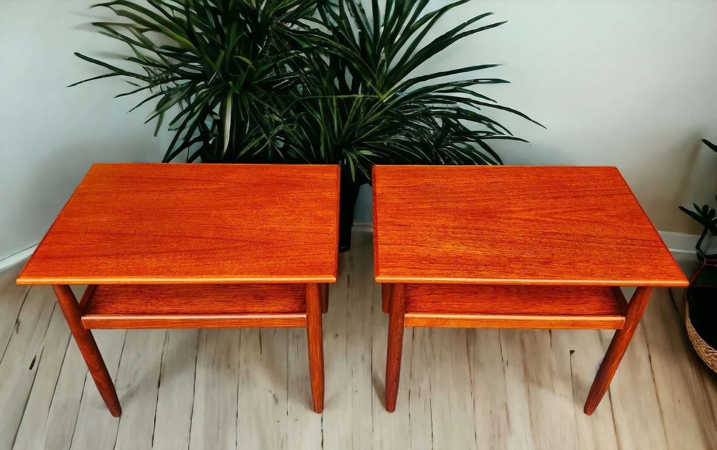 2 REFINISHED Mid Century Modern Teak Accent Tables with Shelves