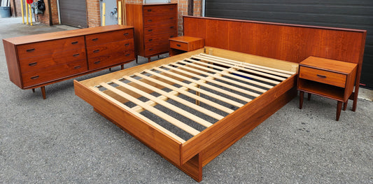 RESTORED Mid Century Modern Teak Queen Bed w Nightstands & 2 Dressers