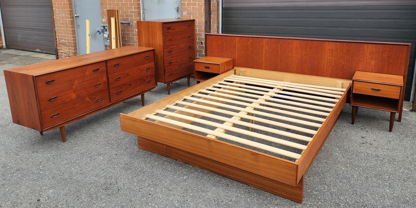 RESTORED Mid Century Modern Teak Queen Bed w Nightstands & 2 Dressers