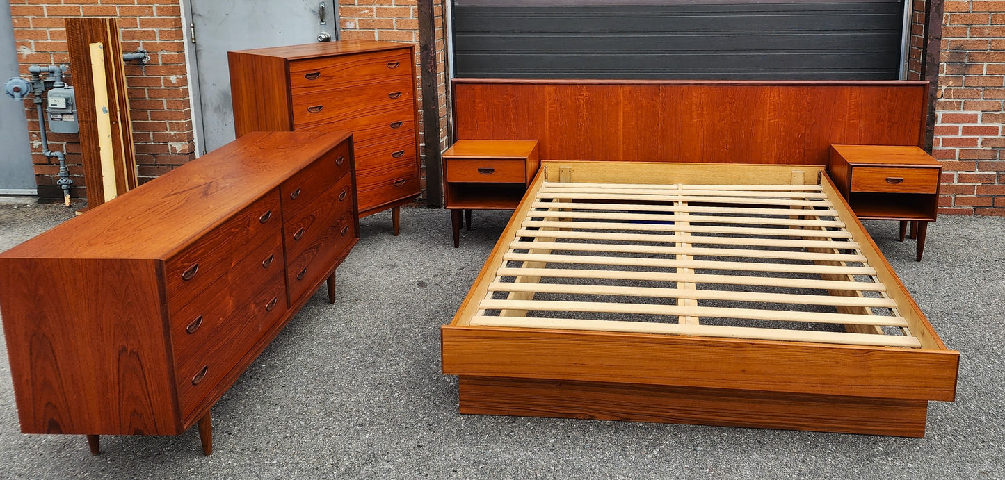 RESTORED Mid Century Modern Teak Queen Bed w Nightstands & 2 Dressers