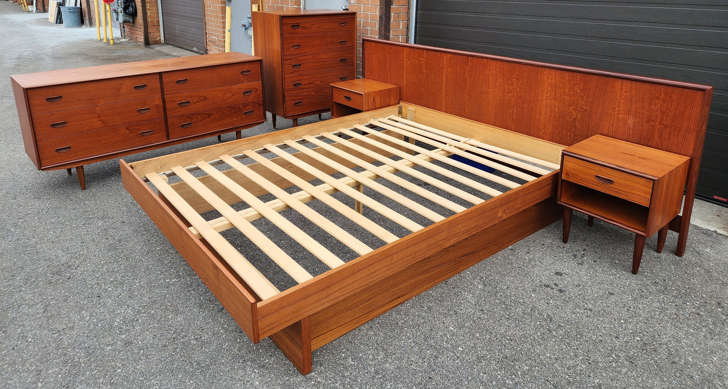 RESTORED Mid Century Modern Teak Queen Bed w Nightstands & 2 Dressers