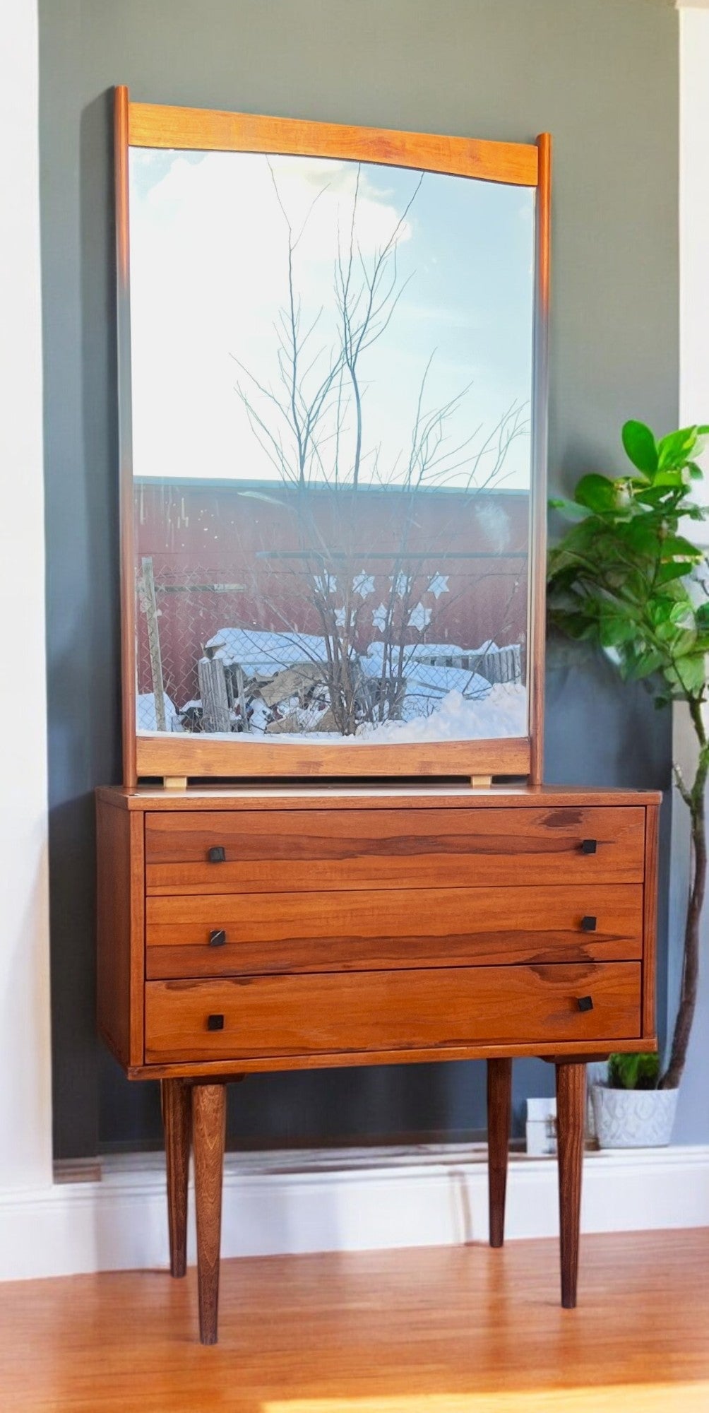 REFINISHED Mid Century Modern Teak Cabinet with Drawers & Mirror
