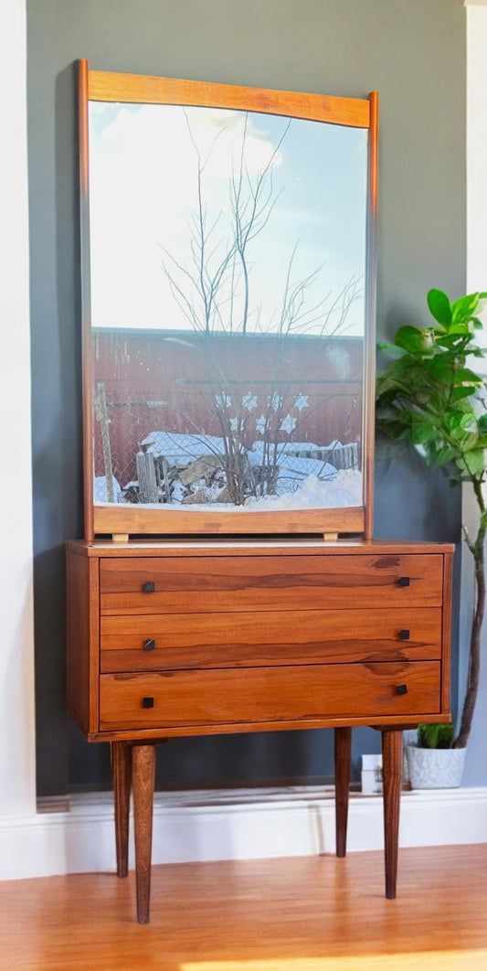 REFINISHED Mid Century Modern Teak Cabinet with Drawers & Mirror