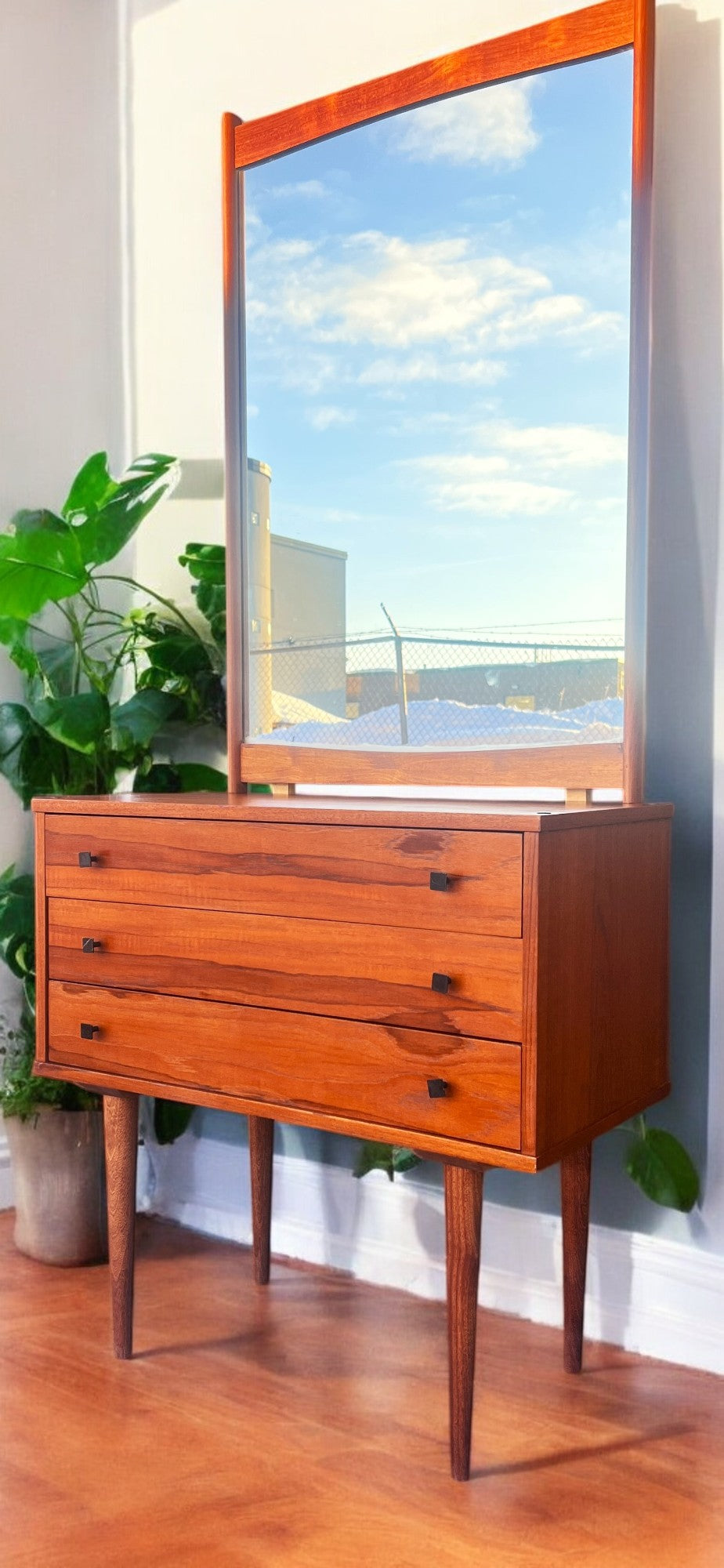 REFINISHED Mid Century Modern Teak Cabinet with Drawers & Mirror