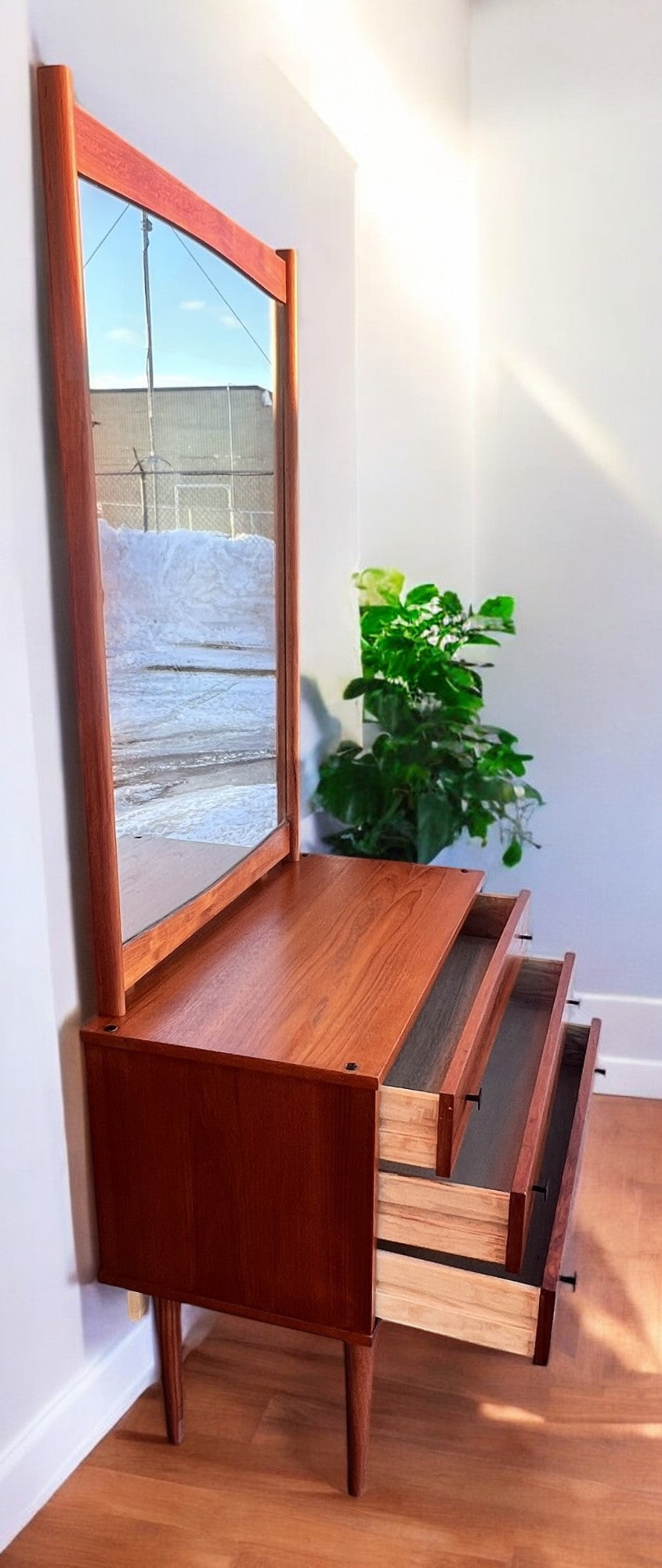 REFINISHED Mid Century Modern Teak Cabinet with Drawers & Mirror