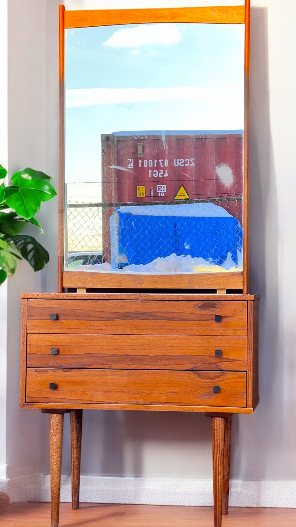 REFINISHED Mid Century Modern Teak Cabinet with Drawers & Mirror