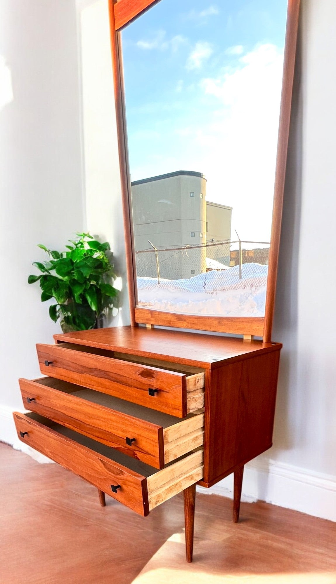 REFINISHED Mid Century Modern Teak Cabinet with Drawers & Mirror