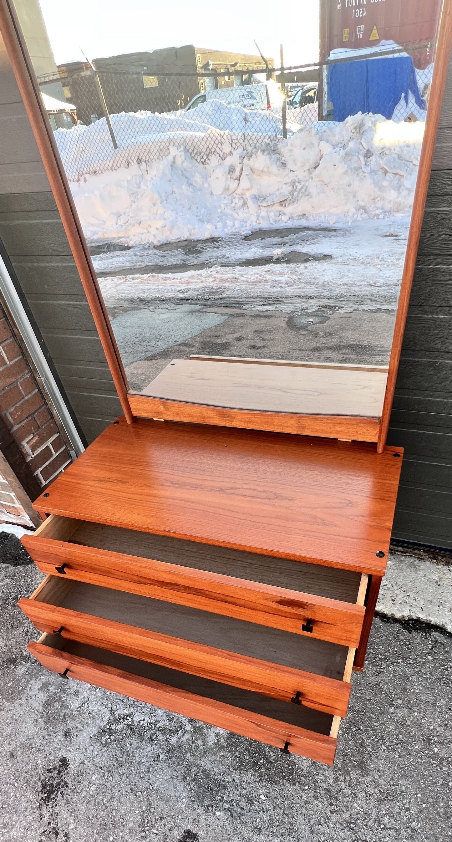 REFINISHED Mid Century Modern Teak Cabinet with Drawers & Mirror