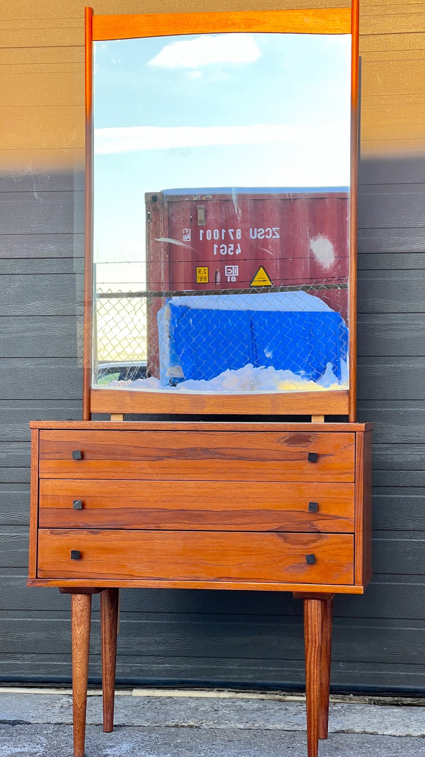 REFINISHED Mid Century Modern Teak Cabinet with Drawers & Mirror
