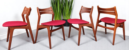 4 REFINISHED Danish MCM teak chairs by Erik Buch, model 310, will be REUPHOLSTERED