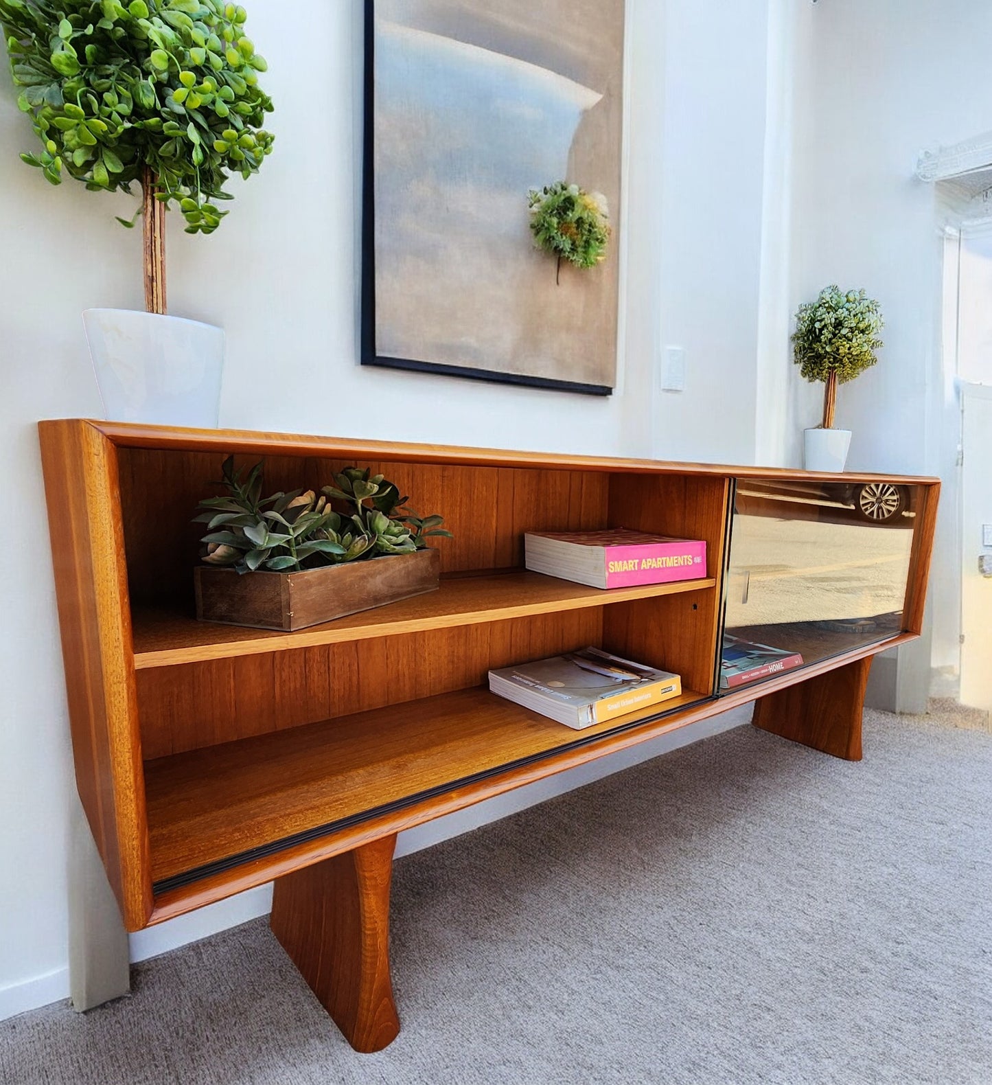 REFINISHED Mid Century Modern Teak Bookcase Display TV Media Console 5 ft
