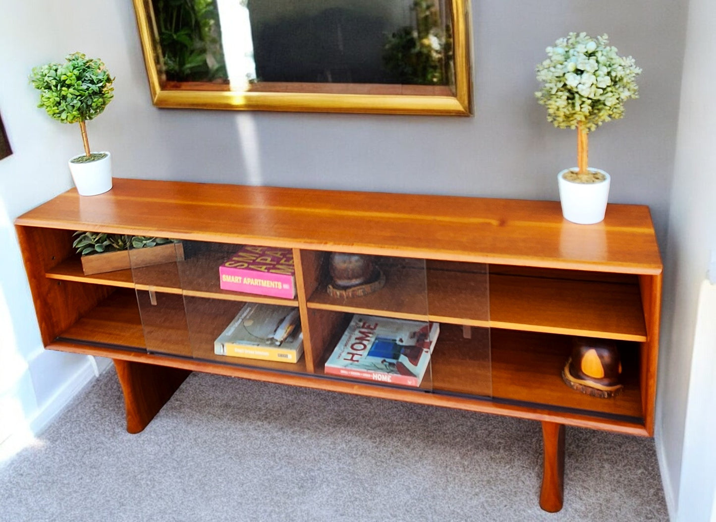 REFINISHED Mid Century Modern Teak Bookcase Display TV Media Console 5 ft