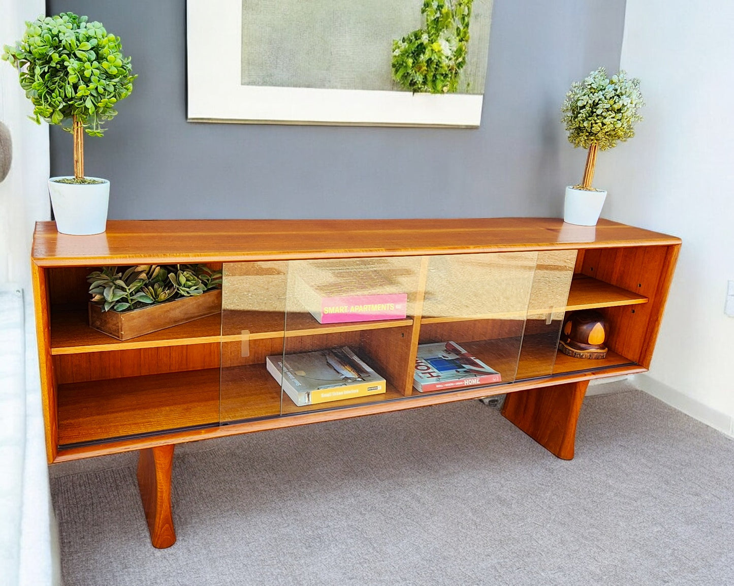 REFINISHED Mid Century Modern Teak Bookcase Display TV Media Console 5 ft