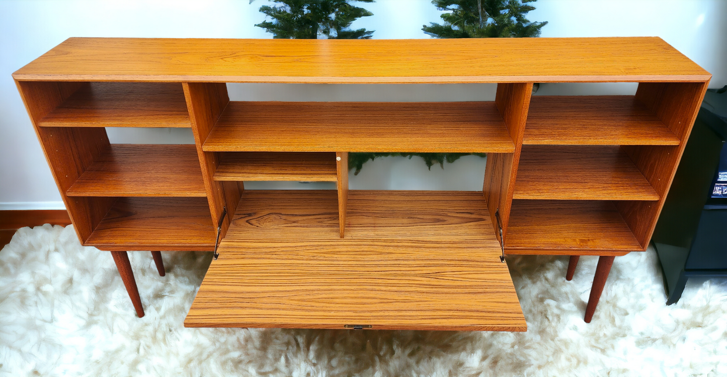 REFINISHED Danish MCM Teak China Cabinet/ Display with Bar 6 ft narrow