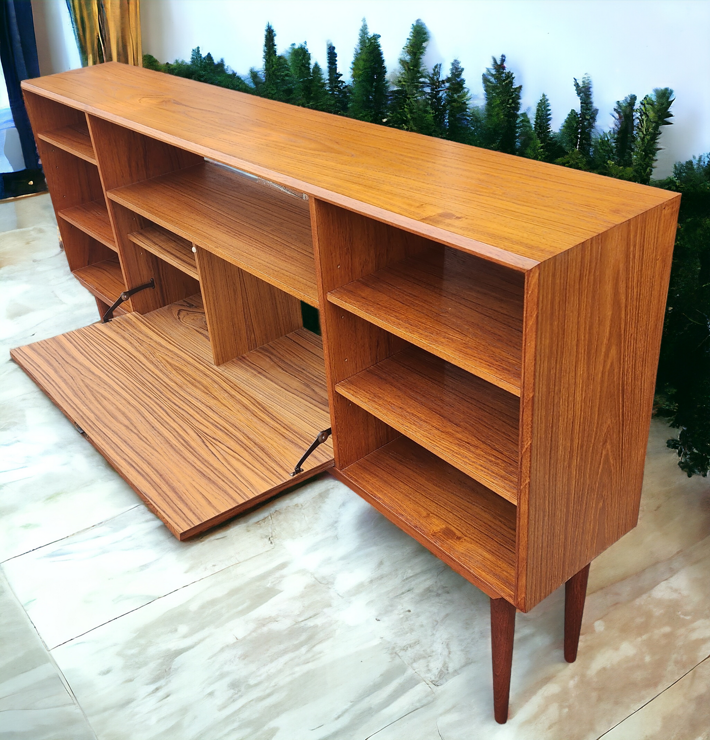 REFINISHED Danish MCM Teak China Cabinet/ Display with Bar 6 ft narrow