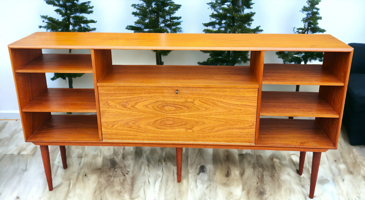 REFINISHED Danish MCM Teak China Cabinet/ Display with Bar 6 ft narrow