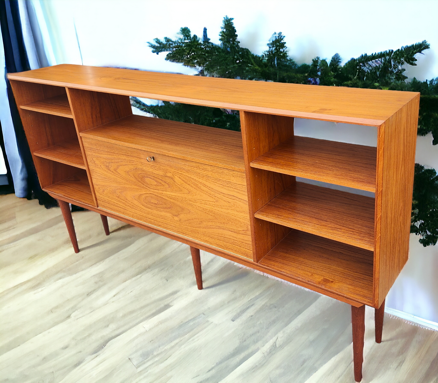 REFINISHED Danish MCM Teak China Cabinet/ Display with Bar 6 ft narrow