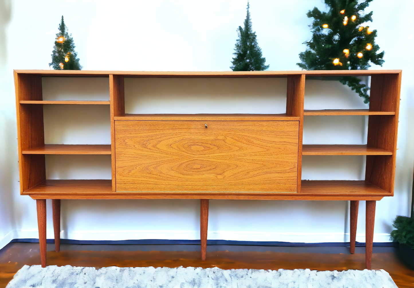 REFINISHED Danish MCM Teak China Cabinet/ Display with Bar 6 ft narrow