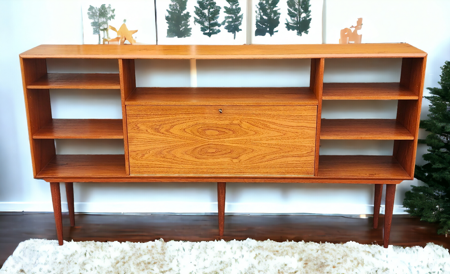 REFINISHED Danish MCM Teak China Cabinet/ Display with Bar 6 ft narrow