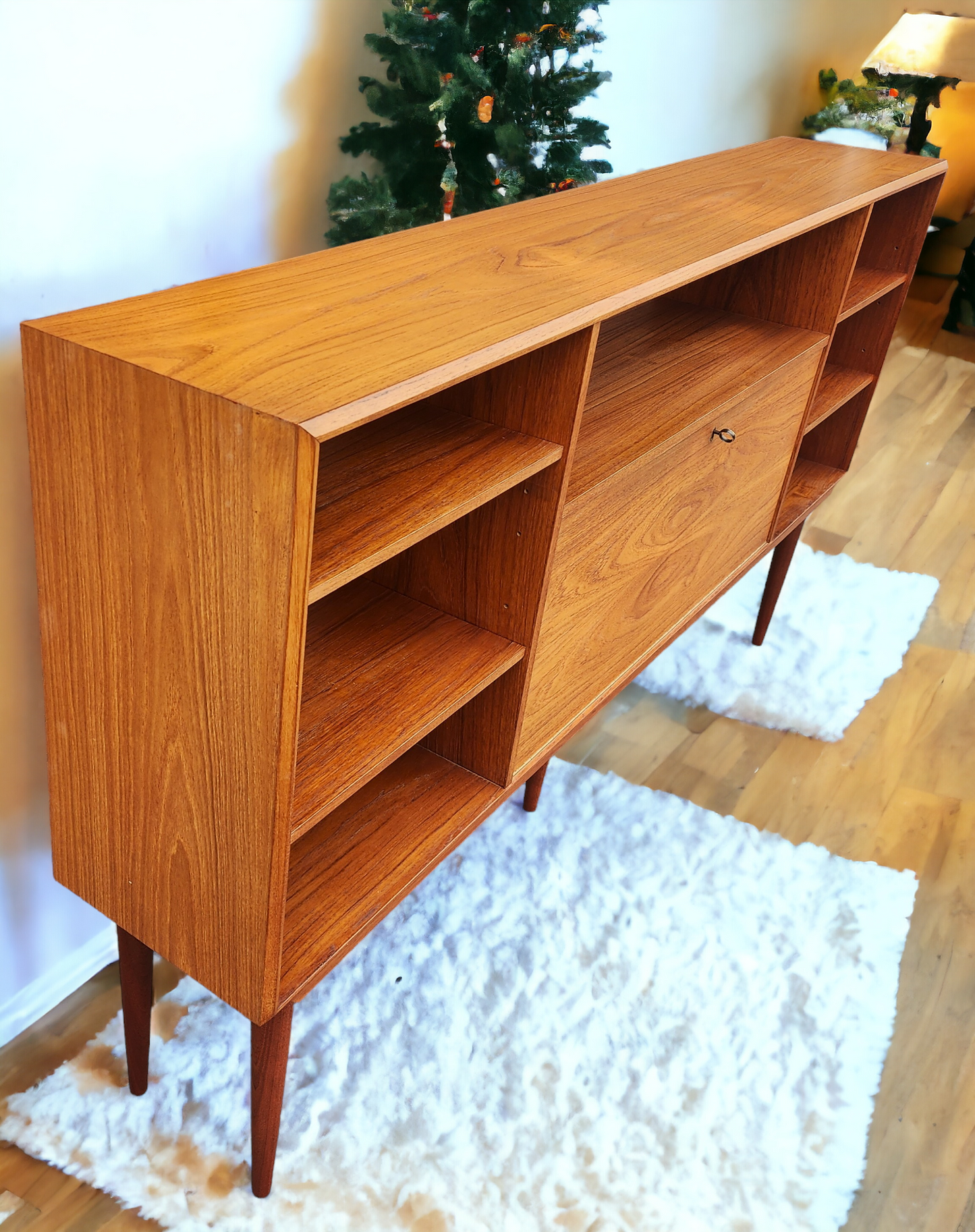 REFINISHED Danish MCM Teak China Cabinet/ Display with Bar 6 ft narrow